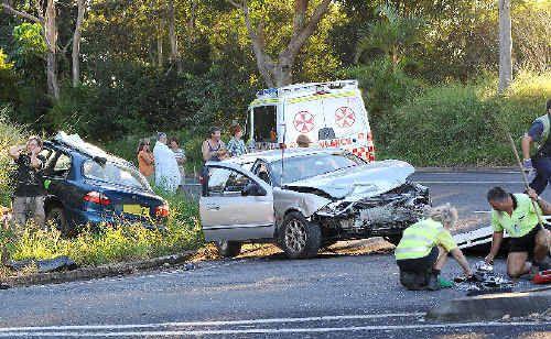 The two-vehicle accident scene at the intersection of Fernleigh Road and Friday Hut Road, Newrybar. . Picture: Jacklyn Wagner