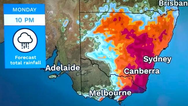 By Monday, north of 100mm of rain could have fallen over large areas of New South Wales and eastern Victoria. Pictures: BOM.