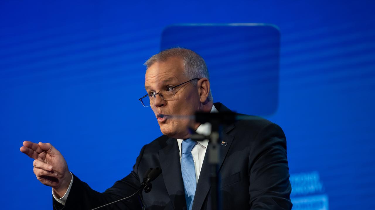 Prime Minister Scott Morrison speaking at the Coalition’s campaign launch in Brisbane on Sunday. Picture: Jason Edwards