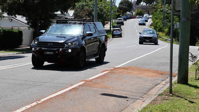 The scene of the accident on Simpson Rd in Bardon where Broncos star Ezra Mam was involved in a car accident. Picture: Tertius Pickard