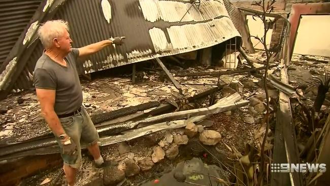 Ron Coote and his burnt-down home. Picture: 9 News