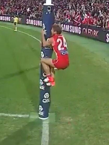 Dane Rampe shakes the goalpost after the siren against the Dons.