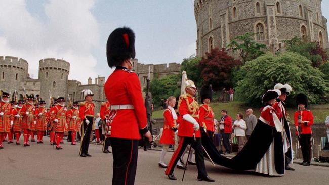 The Queen and Prince Philip lead the annual procession of members of the Order of the Garter from Windsor Castle to St. George’s Chapel in 1998. As well as being a Royal Knight of the Most Noble Order of the Garter, and controversially since 2015, a Knight of the Order of Australia, the Duke of Edinburgh was granted numerous honours, decorations and medals from countries both inside and outside the Commonwealth. His ceremonial military positions included Field Marshal of the Australian Army and Admiral of the Fleet of the Royal Australian Navy, and he was awarded Freedom of the City around the world, including Melbourne. Picture: AP