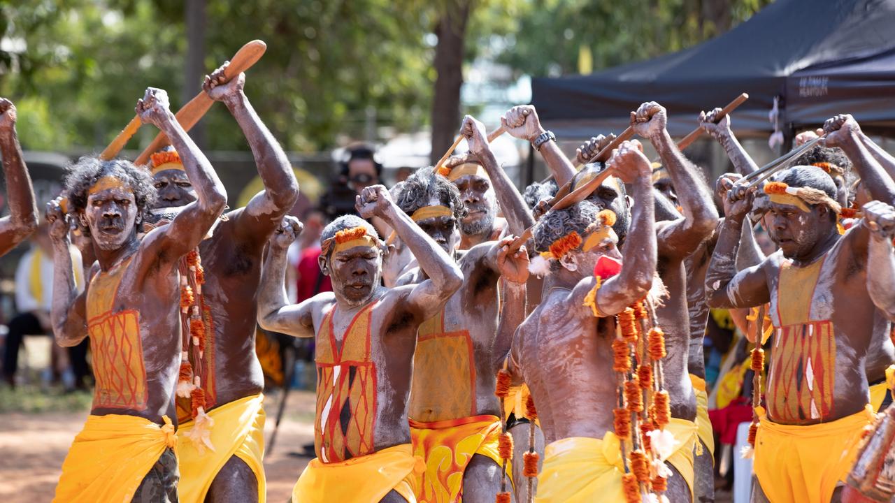 Gumatj clan dancers at the memorial for leader Yunupingu at the East Arnhem Land island community of Gunyangara. Picture: Peter Eve / Yothu Yindi Foundation.