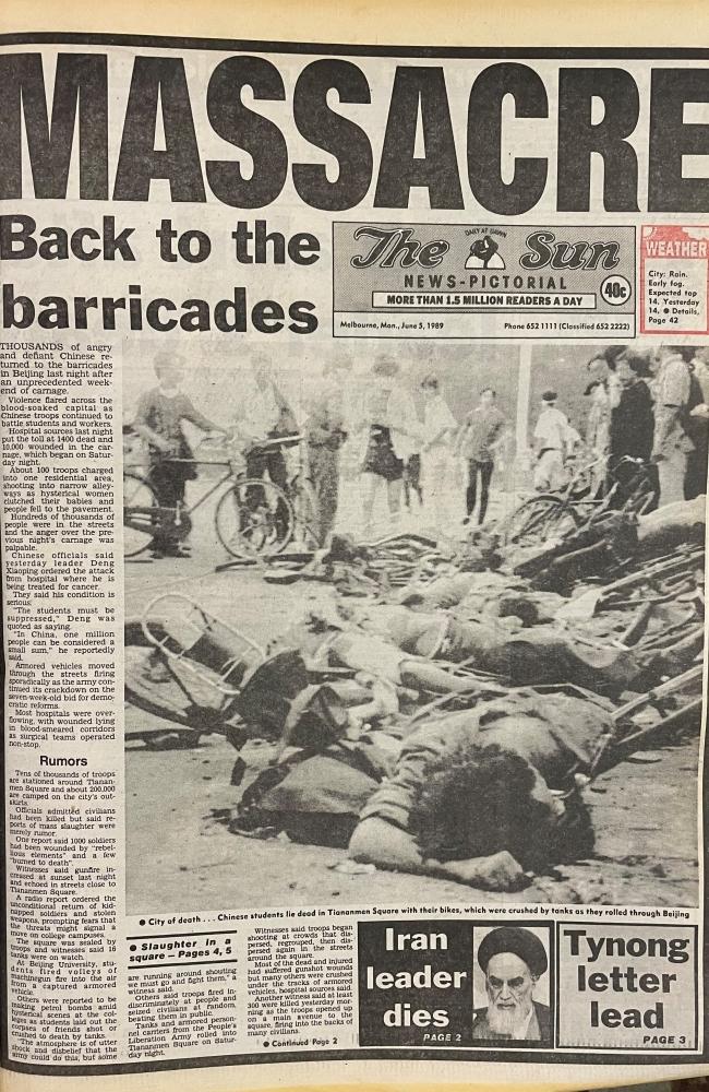 1989. Front page of newspaper The Sun, June 5, 1989. June 5th, 1989. Beijing. Tiananmen Square protest. June Fourth Incident. Tiananmen Square Massacre. China.