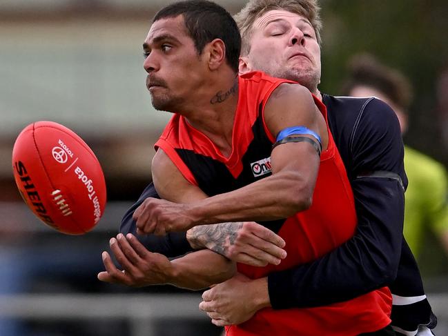 Western RamsÃ Ashley Gray Melton Centrals Jonathan Ferri during the Riddell District FNL Western Rams v Melton Centrals football match at Ian Cowie Recreation Reserve in Rockbank, Saturday, April 1, 2023. Picture: Andy Brownbill