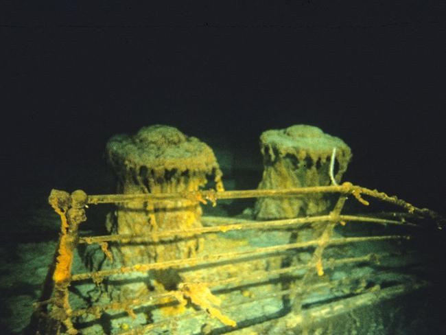 This image, from a historic dive in 1986, shows the Titanic deck rail capstans. Picture: AFP