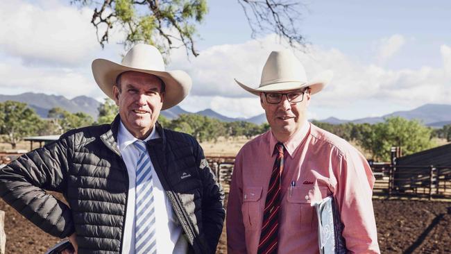 Auctioneer Paul Dooley of Tamworth pictured with Ross Milne of Elders during the Yarram Park sale. Picture: Nicole Cleary