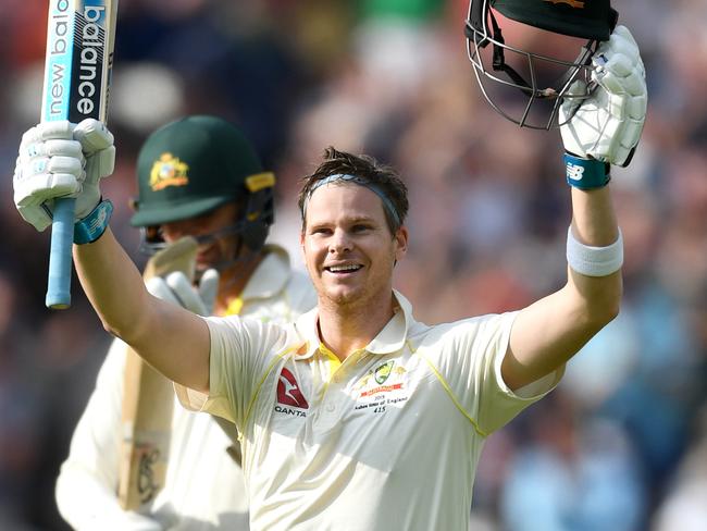 BIRMINGHAM, ENGLAND - AUGUST 01: Steven Smith of Australia celebrates reaching his century during day one of the 1st Specsavers Ashes Test between England and Australia at Edgbaston on August 01, 2019 in Birmingham, England. (Photo by Gareth Copley/Getty Images)