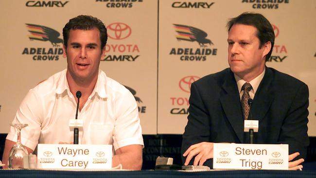 Wayne Carey with Adelaide Crows chief executive Steven Trigg at the press conference announcing his decision to sign with the club Sydney