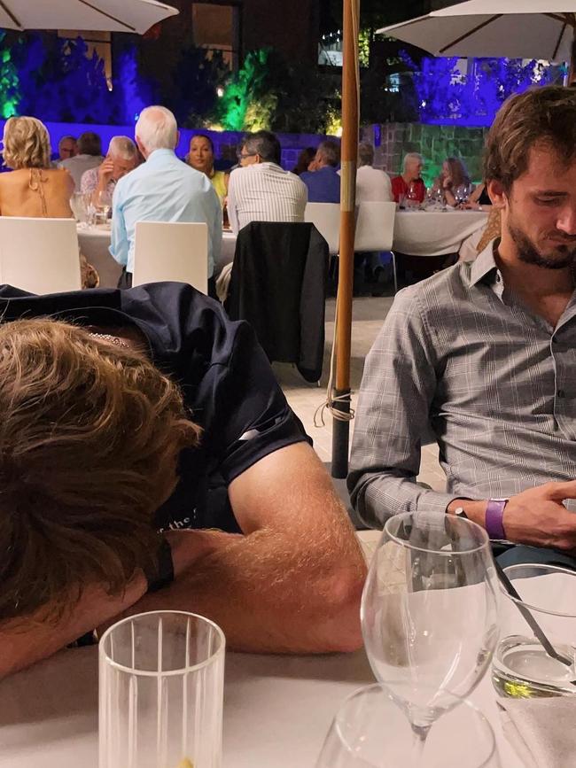 Tennis player Andrey Rublev succumbs to Jet lag at a New Years eve event at Eleven in Adelaide. Pictured with tennis player Daniil Medvedev. Picture: Instagram