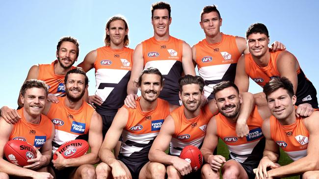 From boys to Giants ... from back left, original Giants Matt Buntine, Nick Haynes, Jeremy Cameron, Adam Tomlinson, Jonathon Patton. Front Adam Kennedy, Sam Reid, Phil Davis, Callan Ward, Stephen Coniglio and Toby Greene. Picture. Phil Hillyard