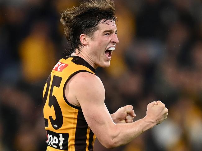 MELBOURNE, AUSTRALIA - APRIL 18: Josh Ward of the Hawks celebrates winning the round five AFL match between the Hawthorn Hawks and the Geelong Cats at Melbourne Cricket Ground on April 18, 2022 in Melbourne, Australia. (Photo by Quinn Rooney/Getty Images)