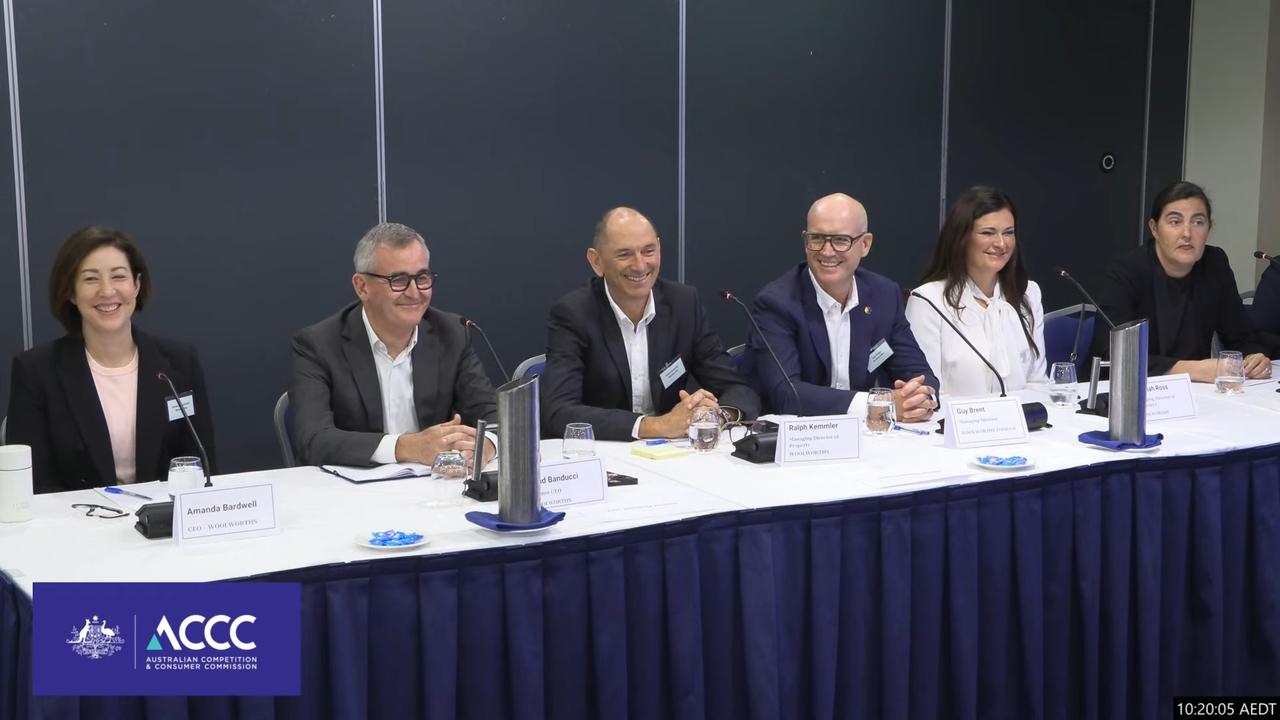 Woolworth's executives including CEO Amanda Bardwell, left, and former CEO Brad Banducci, second from left, appearing before a ACCC public hearing as part of its ongoing supermarkets Inquiry.