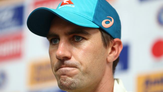 Pat Cummins speaks to the media after Australia’s disastrous defeat in the second Test. Picture: Getty