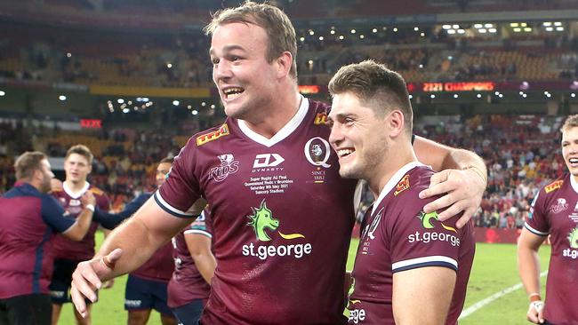 BRISBANE, AUSTRALIA - MAY 08: Harry Wilson and James O'Connor of the Reds celebrate winning the Super RugbyAU Final match between the Queensland Reds and the ACT Brumbies at Suncorp Stadium, on May 08, 2021, in Brisbane, Australia. (Photo by Jono Searle/Getty Images)