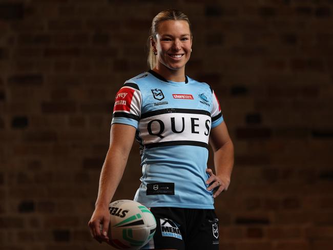 SYDNEY, AUSTRALIA - SEPTEMBER 23:  Emma Tonegato of the Sharks poses during the 2024 NRLW premiership finals series launch at 'Watersedge' at Campbell's Stores on September 23, 2024 in Sydney, Australia.  (Photo by Matt King/Getty Images)