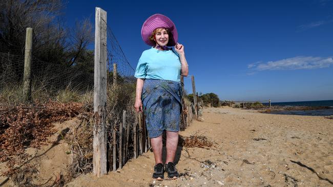 Friends of the Brighton Dunes convener Jenny Talbot standing in front of a permeable fence she erected at Dendy St Beach three years ago. Picture: Penny Stephens