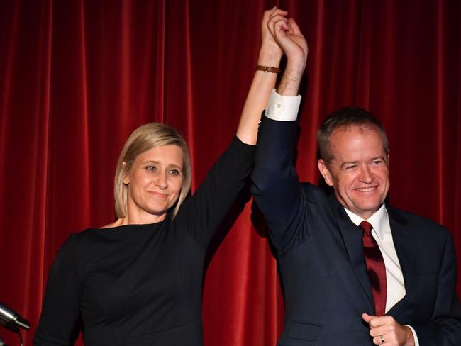 Labor candidate for Longman Susan Lamb and Leader of the Opposition Bill Shorten claim victory in the seat of Longman. Picture: AAP Image/Mick Tsikas