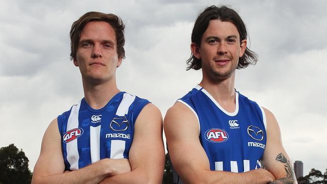 Ex-Power pair Jared Polec and Jasper Pittard are unveiled in their North Melbourne kits. Picture: Getty Images