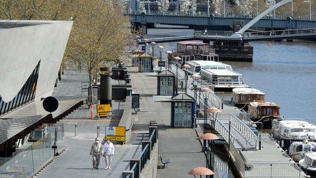 Southbank is almost deserted because of COVID-19 restrictions on workplaces and movement. Picture: Andrew Henshaw