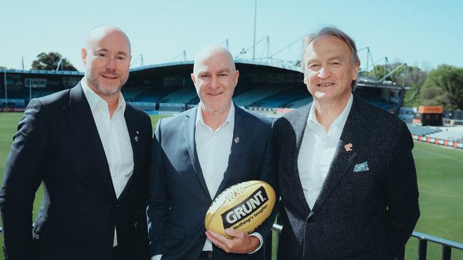 Carlton president Luke Sayers (left), deputy CEO Graham Wright and CEO Brian Cook at Ikon Park. Pictures: Carlton FC