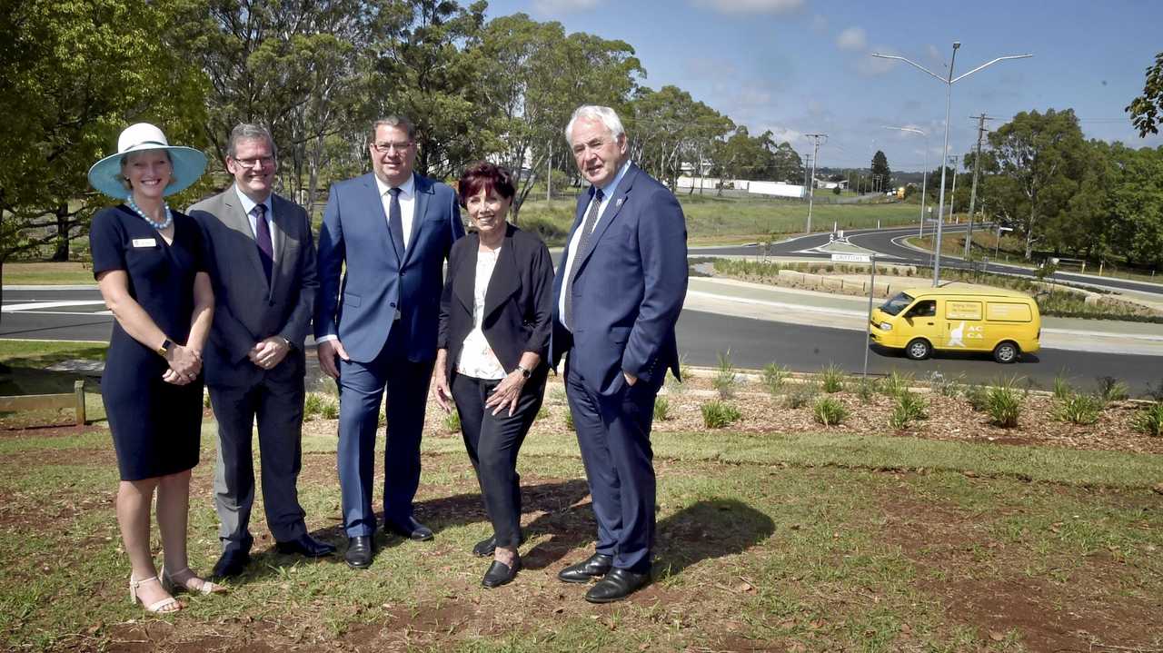 OPENING: Standing at the Griffiths St roundabout which forms part of the Toowoomba bypass connection are (from left) Department of Transport and Main Roads Regional Director Kym Murphy, Member for Groom John McVeigh MP, Assistant Minister for roads and transport Scott Buchholz, TRC Deputy Mayor Carol Taylor and TRC Mayor Paul Antonio. Picture: Bev Lacey