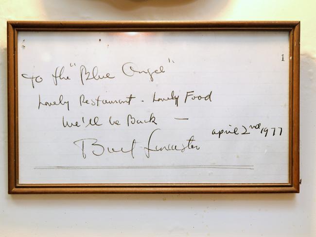 A signed note written by actor Burt Lancaster hangs up on the wall at Blue Angel. Picture: Richard Dobson