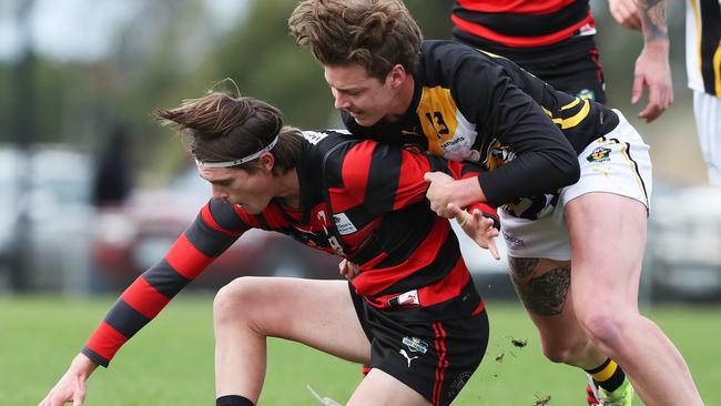 Football. TSL Lauderdale V Tigers. Benjamin Steinbauer Lauderdale and Lochie Griggs Tigers. Picture Nikki Davis-Jones