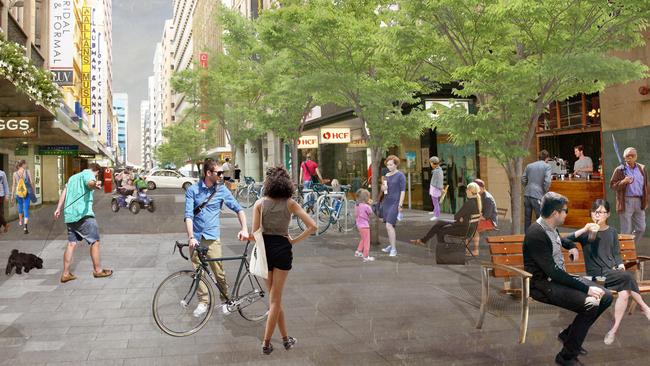 Cyclists and pedestrians will be encouraged into the heart of the city as part of the plan. Artist’s impression supplied by Adelaide City Council