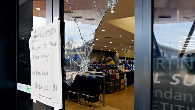 The Zuccoli IGA supermarket and Celebrations bottle shop has been the target of numerous break-ins. This was the aftermath of a previous break-and-enter. Picture: NT News