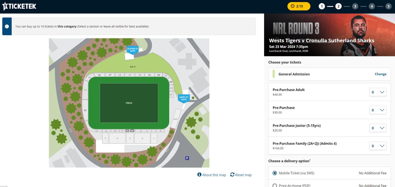 A family ticket will cost $104 to sit on the Leichhardt Oval hill for the NRL clash between the Wests Tigers and Cronulla. Credit: Ticketek.