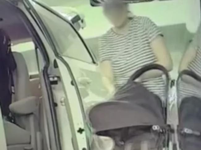 A Tesla owner has shared a video showing a young mother accidentally hitting his new car with her pram in a Queensland car park.