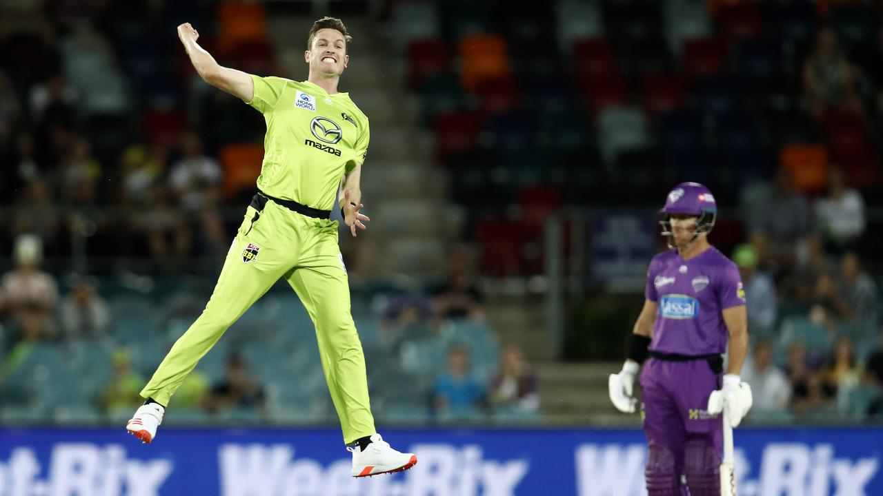 Sydney Thunder paceman Adam Milne celebrates taking a wicket. Picture: Darrian Traynor/Getty Images