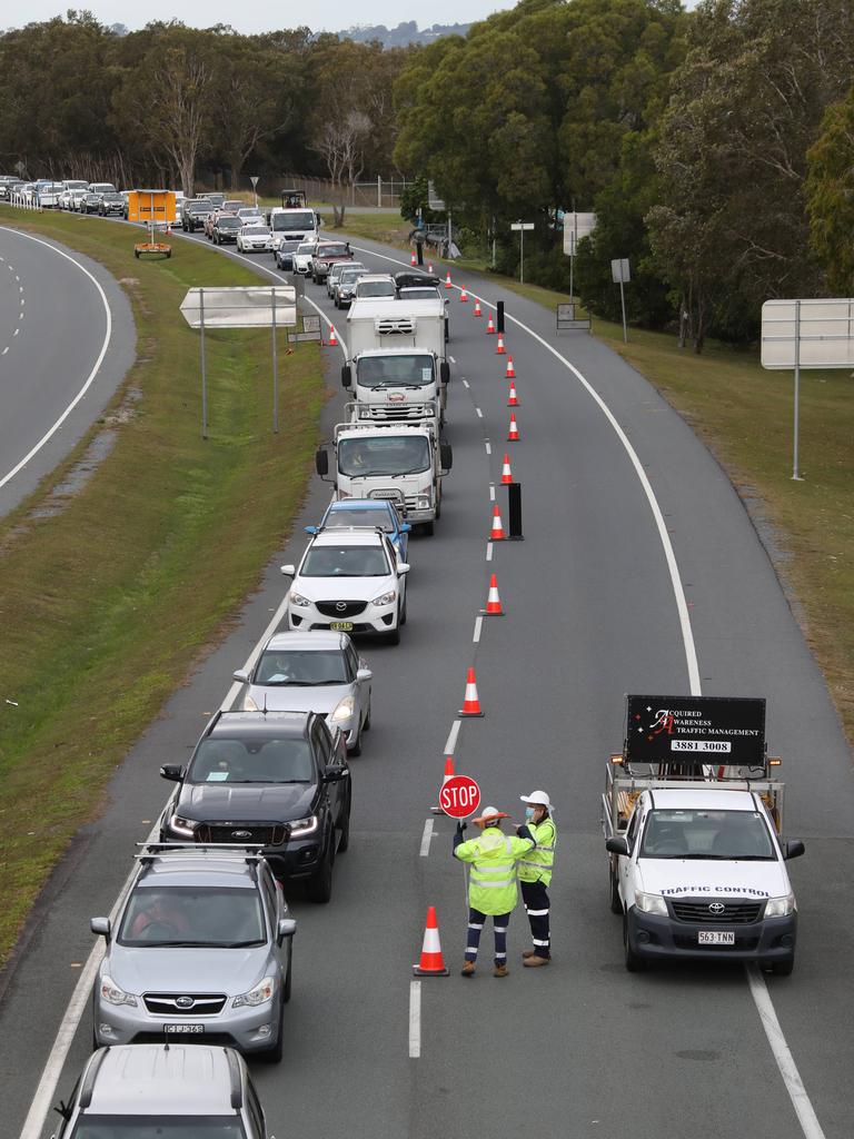 The hard border and long Queues return to the Qld NSW border on the Gold Coast. Long Queues on the Gold Coast highway atCoolangatta. Picture: Glenn Hampson.