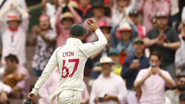 Nathan Lyon overcame an injury to his bowling hand to record his best figures at the SCG. Picture: Ryan Pierse/Getty