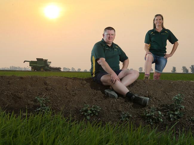 Reaping rewards: Peter and Renee Burke, of Jerilderie, in their rice crop at Jerildrerie. Picture: Yuri Kouzmin