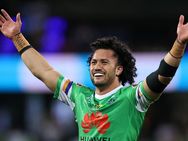 Raiders’ star Corey Harawira-Naera of the Raiders celebrates winning the NRL semi final against the Roosters but any Canberra fans who saw their win at the SCG will not be allowed into Queensland. Picture: Cameron Spencer