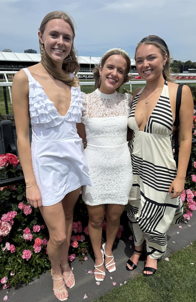 Claudia Draper, Ailish Walsh and Lily Abbott at Flemington for Derby Day on November 2, 2024. Picture: Phillippa Butt