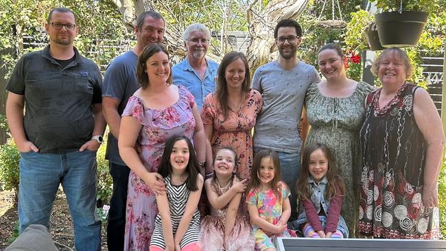 Jane Warland and husband Mike with their family today. Picture: Supplied