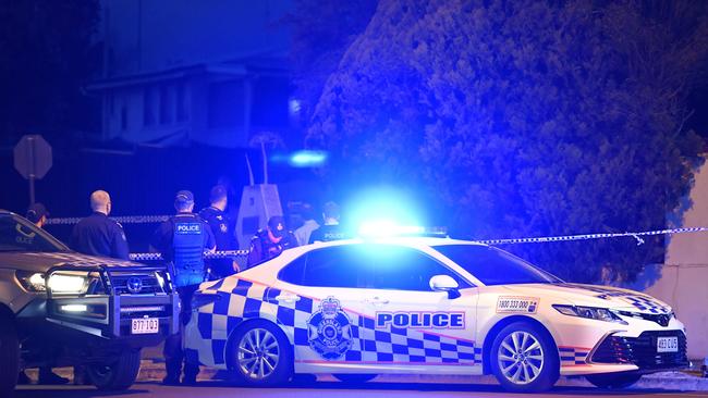 Police outside a North Toowoomba property following a man being shot by officers, Monday, August 5, 2024. Picture: Kevin Farmer