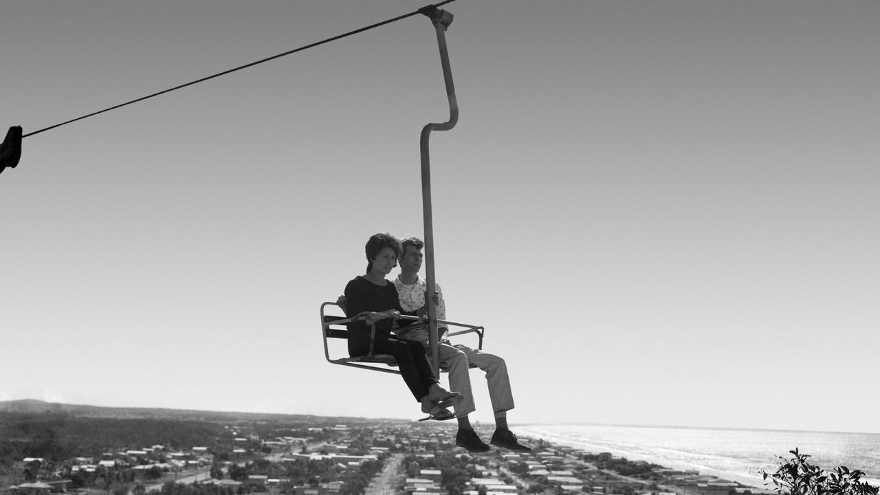 29 July 1962: 1050ft long flying fox 190ft above the coast and one of the Gold Coast’s most iconic tourist attractions later renamed Magic Mountain. Picture: Ray Saunders