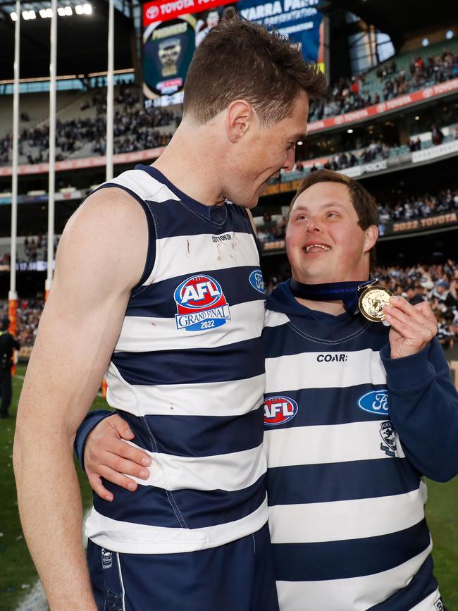 Star forward Jeremy Cameron gave Moorfoot his premiership medal to wear. Picture: Dylan Burns/AFL Photos