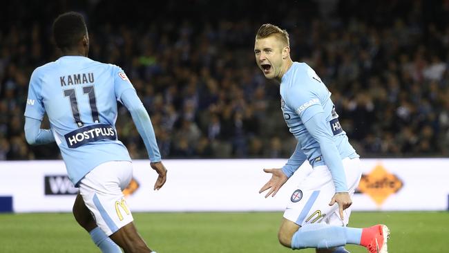 Marcin Budzinski celebrates his first goal for his new club.