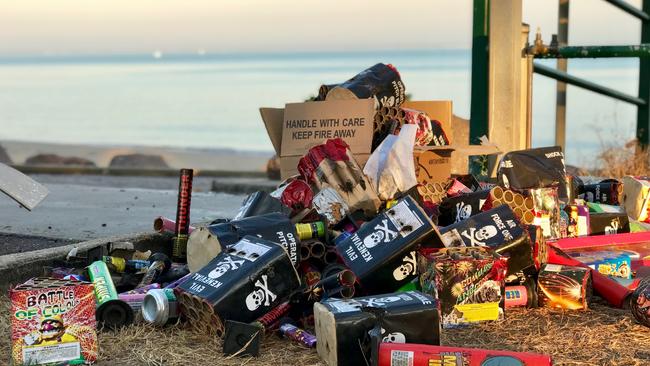 Rubbish and used crackers left by Territory Day revellers at Vesteys Beach. Picture: Natasha Emeck