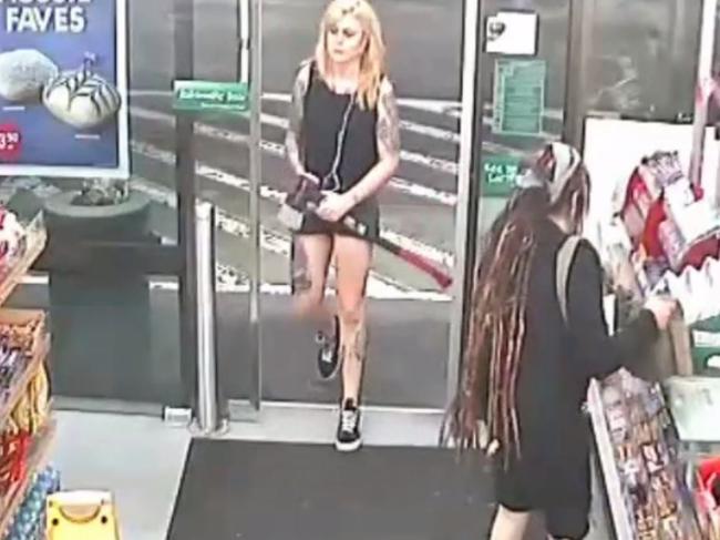 Caught on Enmore 7-Eleven’s CCTV, Amati strolls carrying a 2kg axe as Sharon Hacker buys a carton of milk.