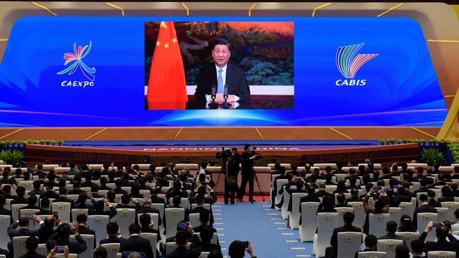 Chinese President Xi Jinping delivers a speech via video at the opening ceremony of the 17th China-ASEAN (Association of Southeast Asian Nations) Expo in Nanning. Picture: AFP.