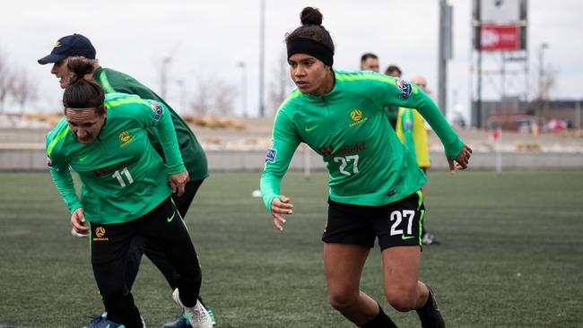 Mary Fowler (right) and Lisa De Vanna at Matildas training in Denver, Colorado ahead of Friday’s match against the US. Picture: Tristan Furney 