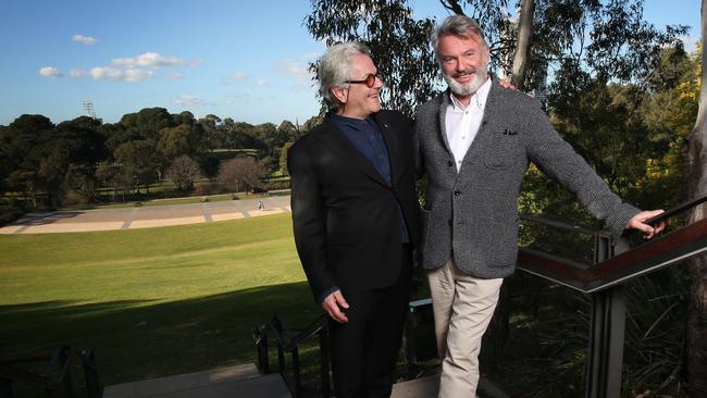 Actor Sam Neill (right), with director George Miller, made the comments at an event in Parramatta Park to announce the Tropfest film festival’s move to Sydney’s west. Picture: Richard Dobson