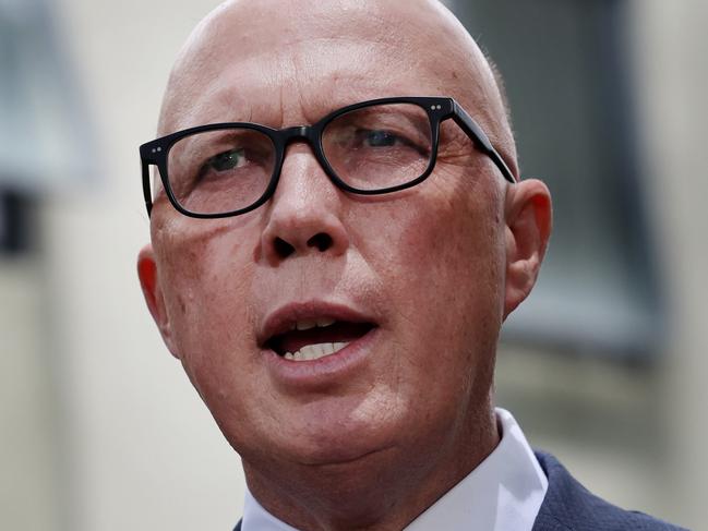 DAILY TELEGRAPH 4TH DECEMBER 2023Pictured is the Leader of the Opposition Peter Dutton addressing the media outside the Mizrachi Synagogue in Bondi.Picture: Richard Dobson